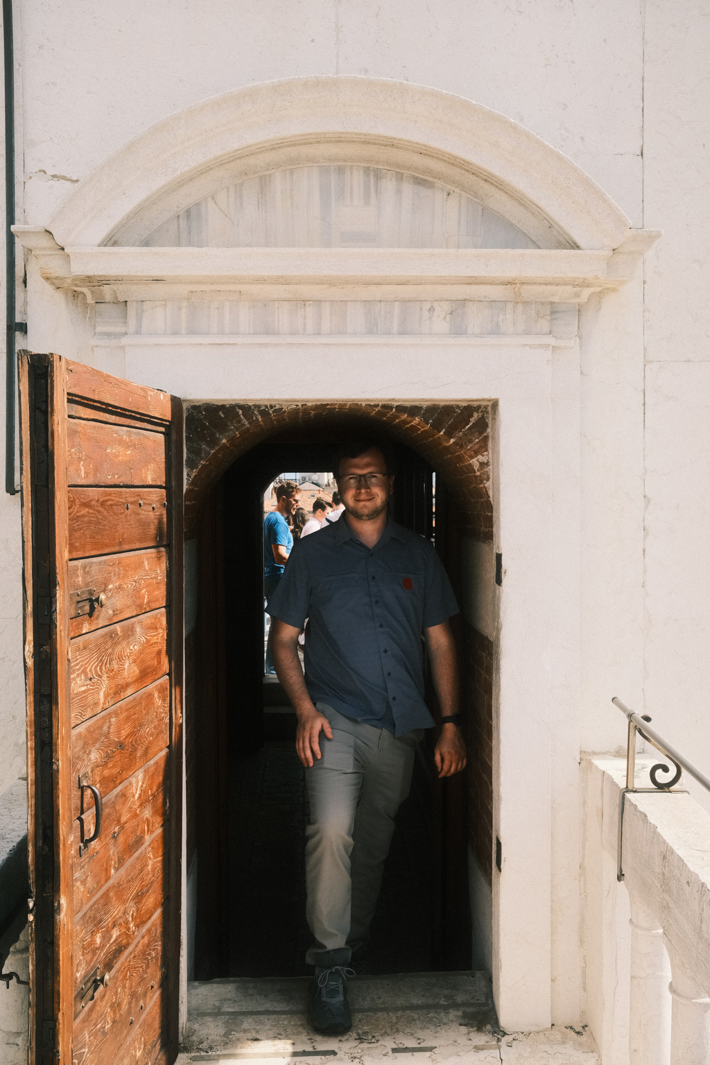 Nick stepping out to the balcony of the clock tower