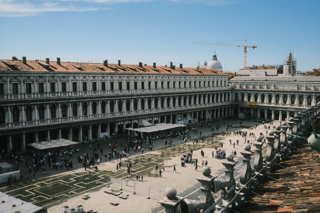 View of San Marco's Square from the balcony of the clock tower, Acqua Alta continuing to progress