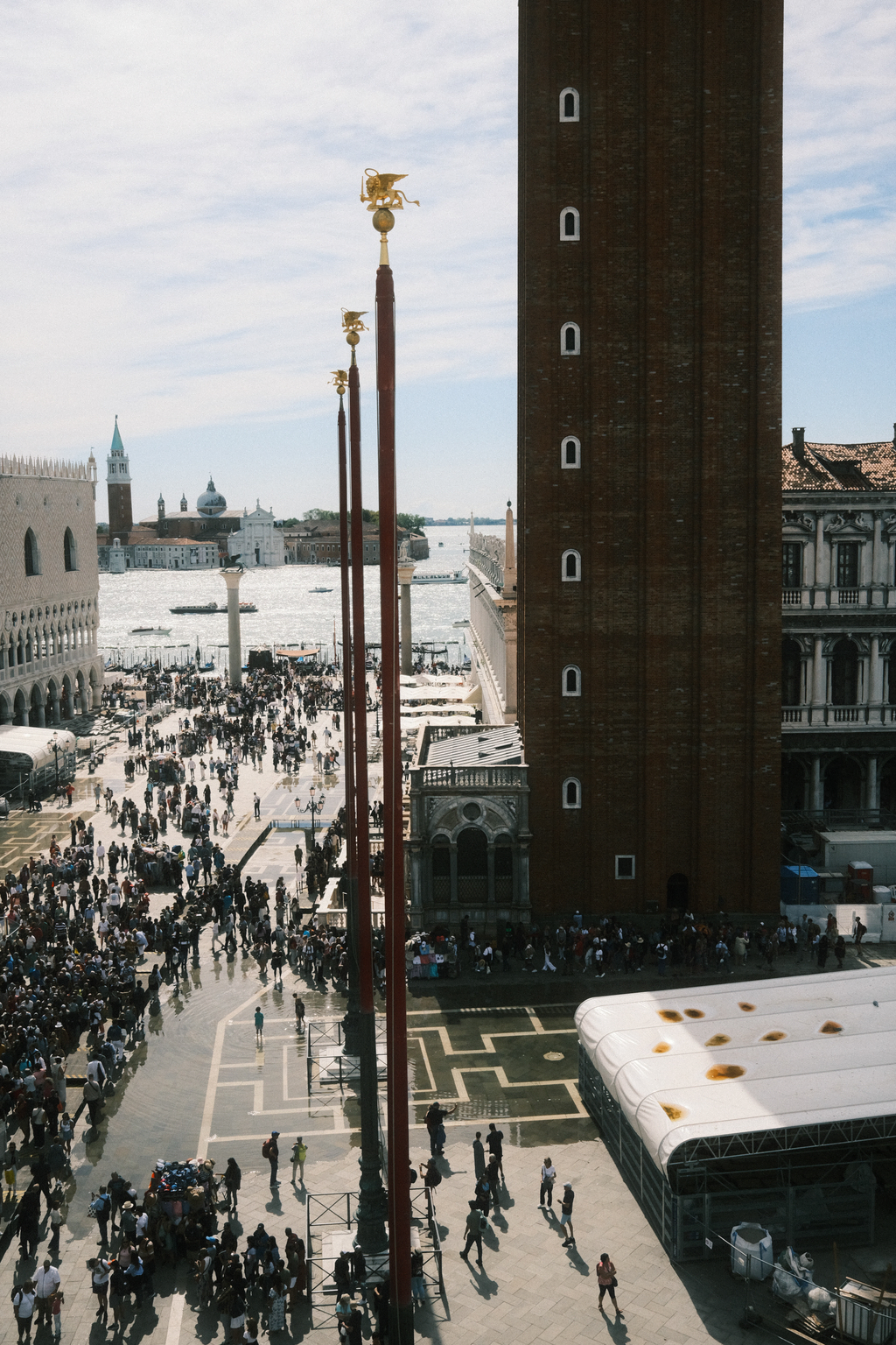 San Marco's Square, the base of the bell tower, and the pillars where executions would be held as seen from atop the clock tower