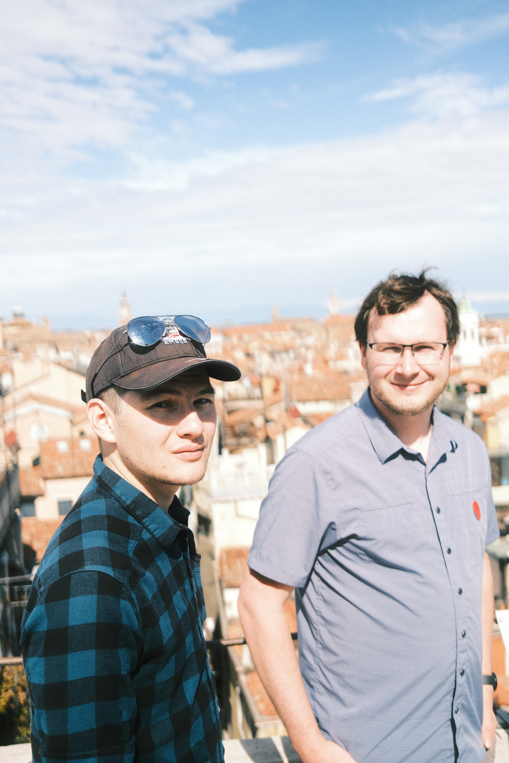 Nick & Tim with the backdrop of the Venecian skyline as seen from atop the clock tower