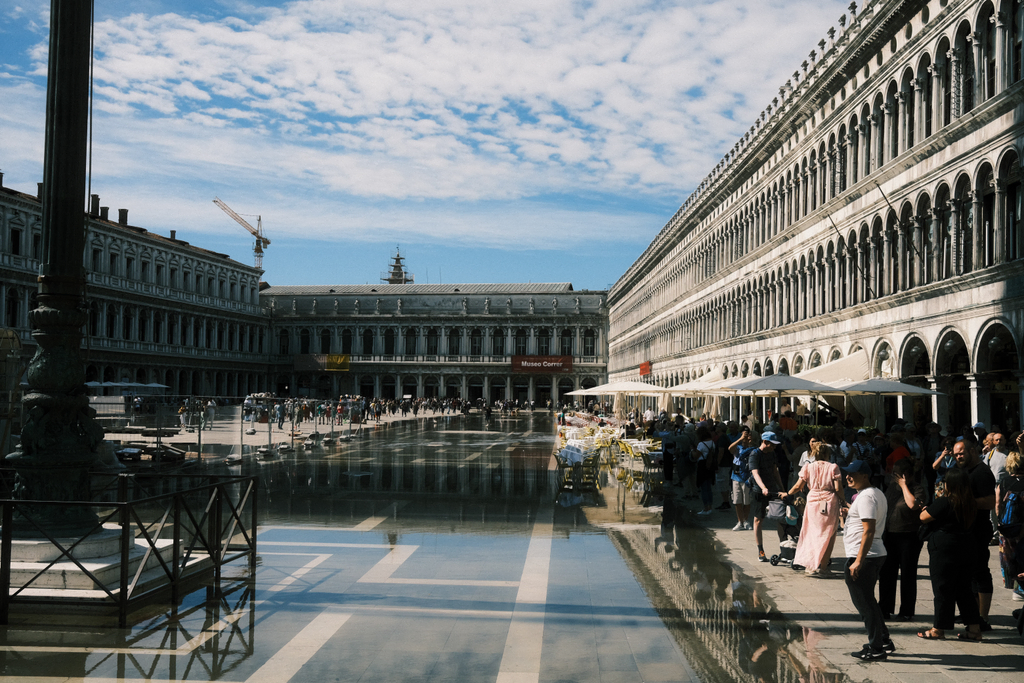 Acqua Alta in San Marco's Square, starting to encroach on a cafe's seating