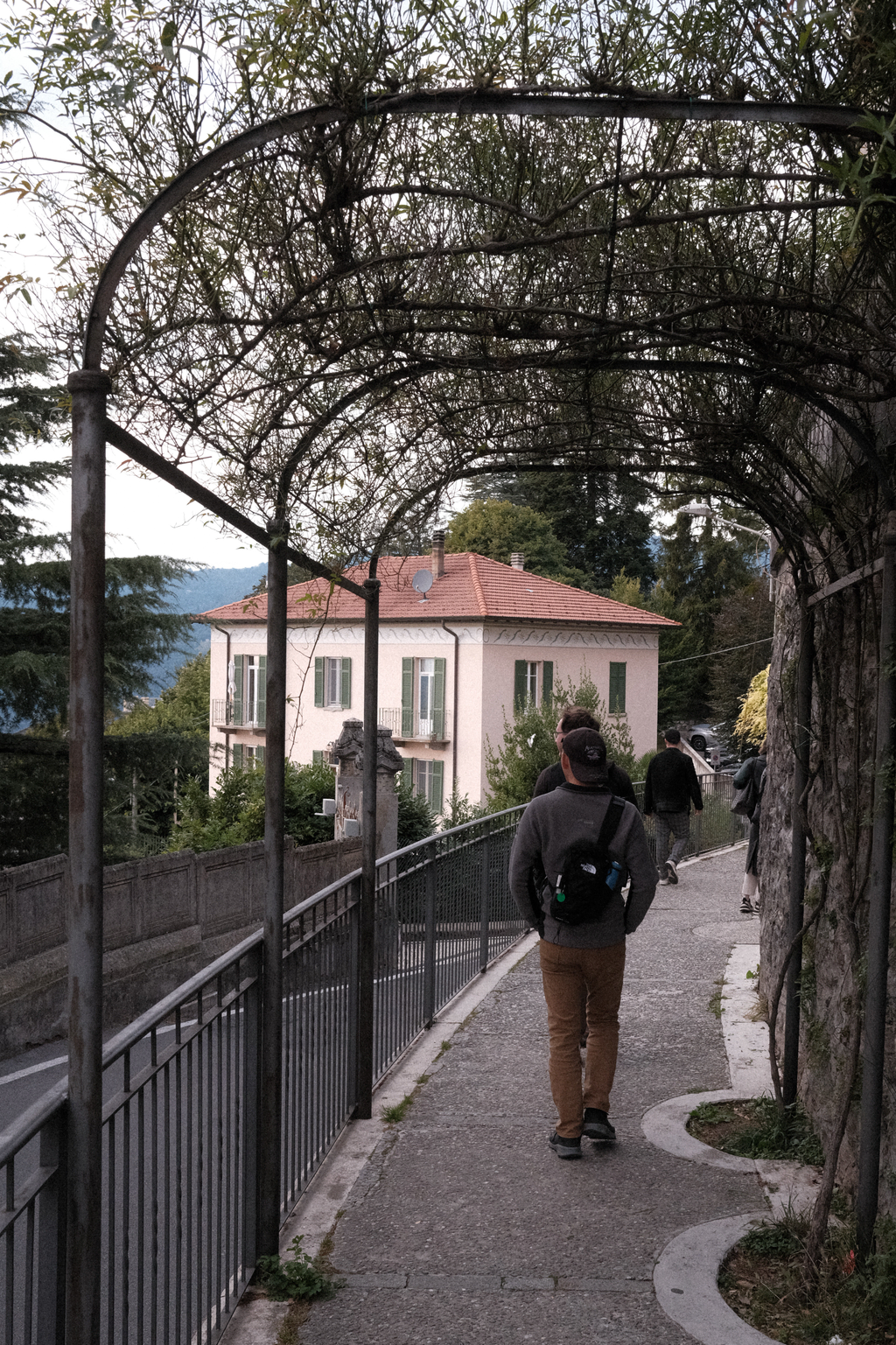 Nick & Tim passing through a sparsely-vined archway