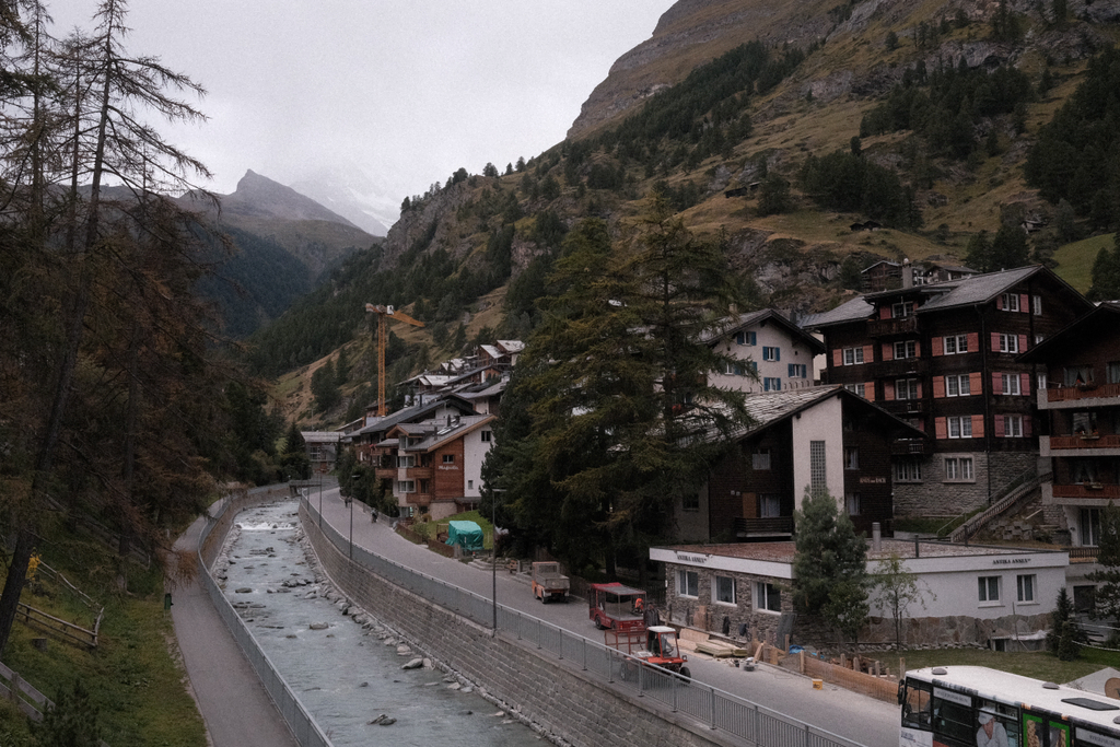 Looking up the Matter Vispa towards the cloud-shrouded Matterhorn