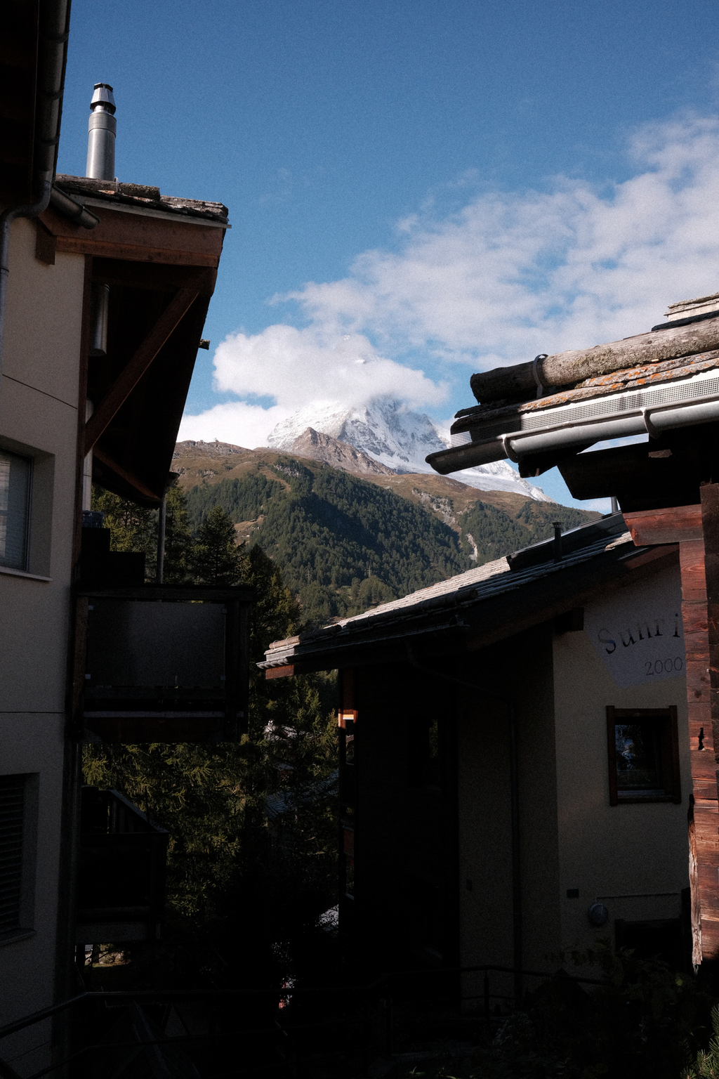 The Matterhorn, seen through a variety of rooftops