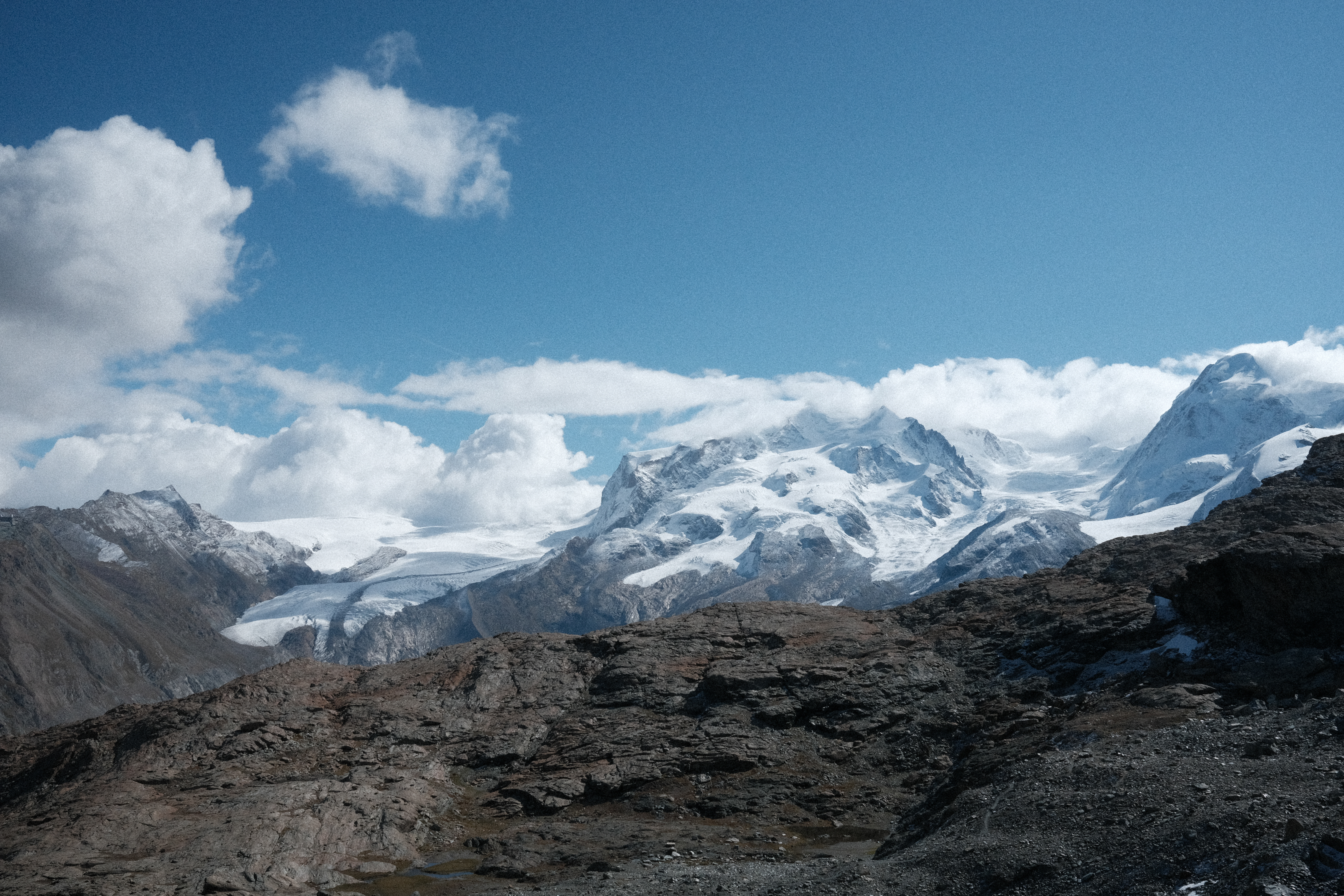 Views of Dufourspitze, the second highest peak in the alps, surrounded by Glenzgletscher and Monte Rosa glaciers