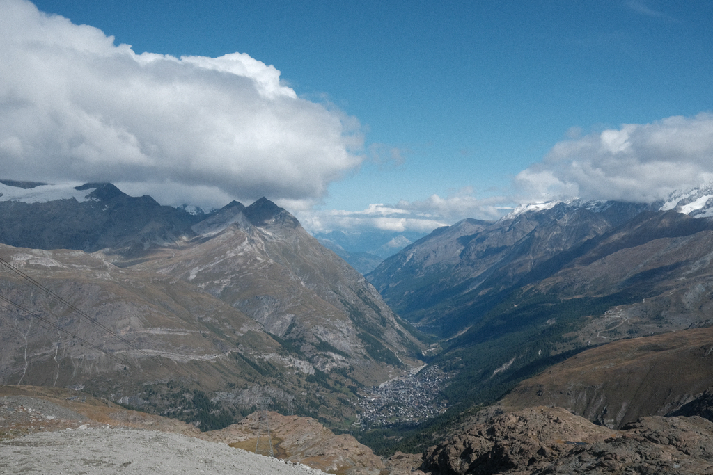 The view from Trockener Steg looking down towards Zermatt and farther down the valley