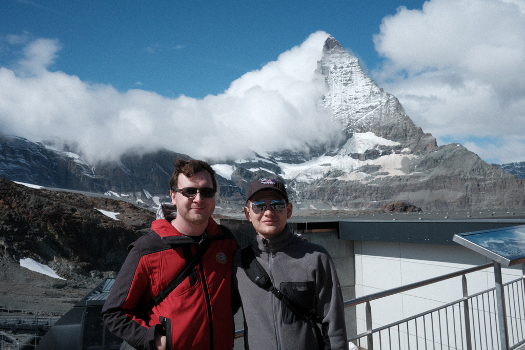 Nick & Tim on the viewing balcony of Trockener Steg with the Matterhorn in the background