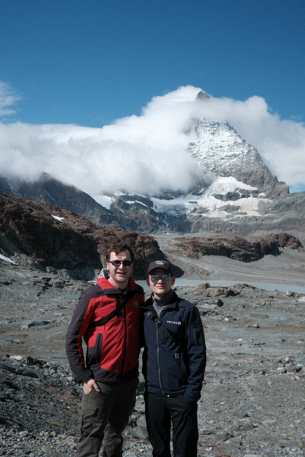 Nick & Tim on a rocky outcrop in front of the Matterhorn