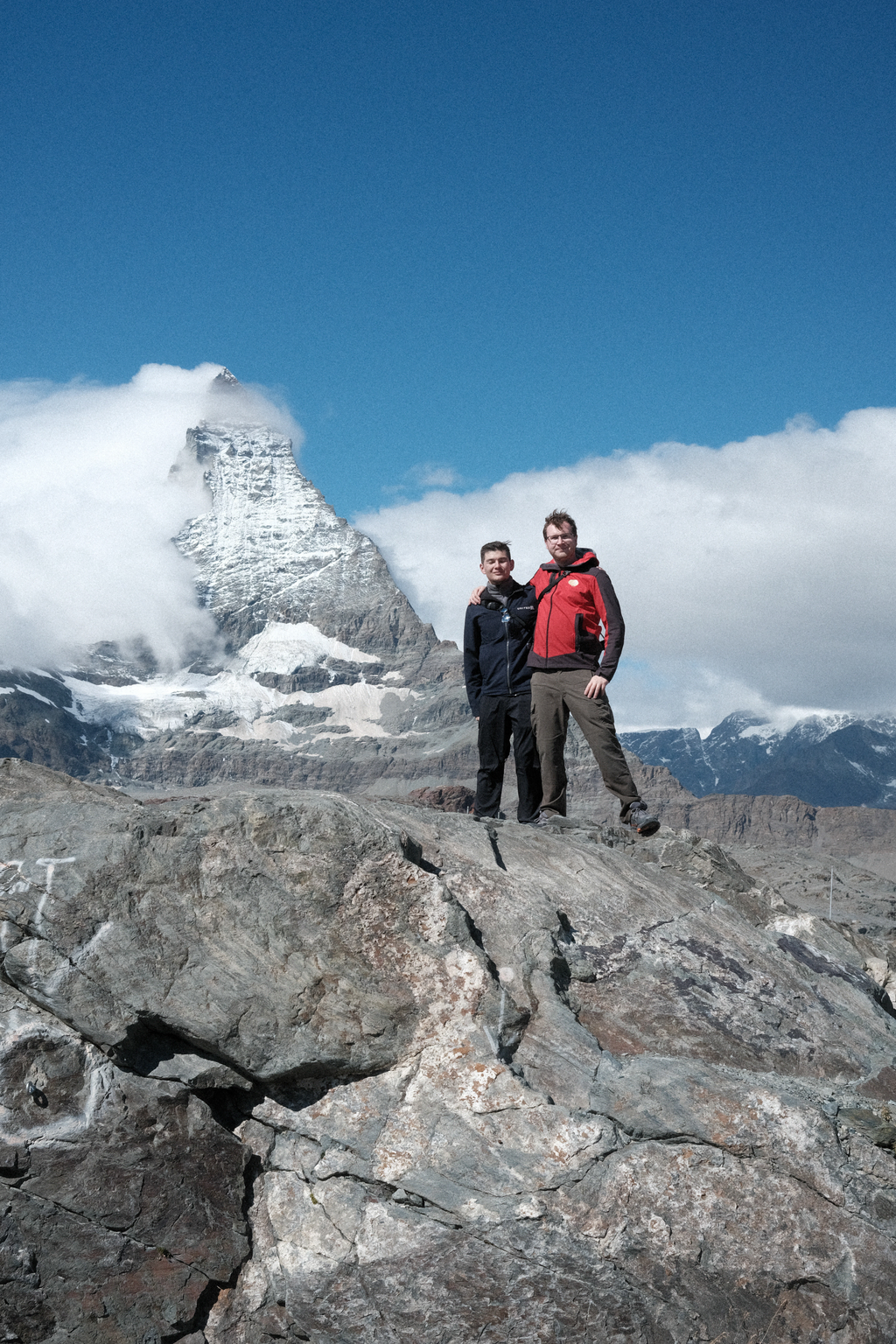 Nick & Tim on a rocky outcrop in front of the Matterhorn