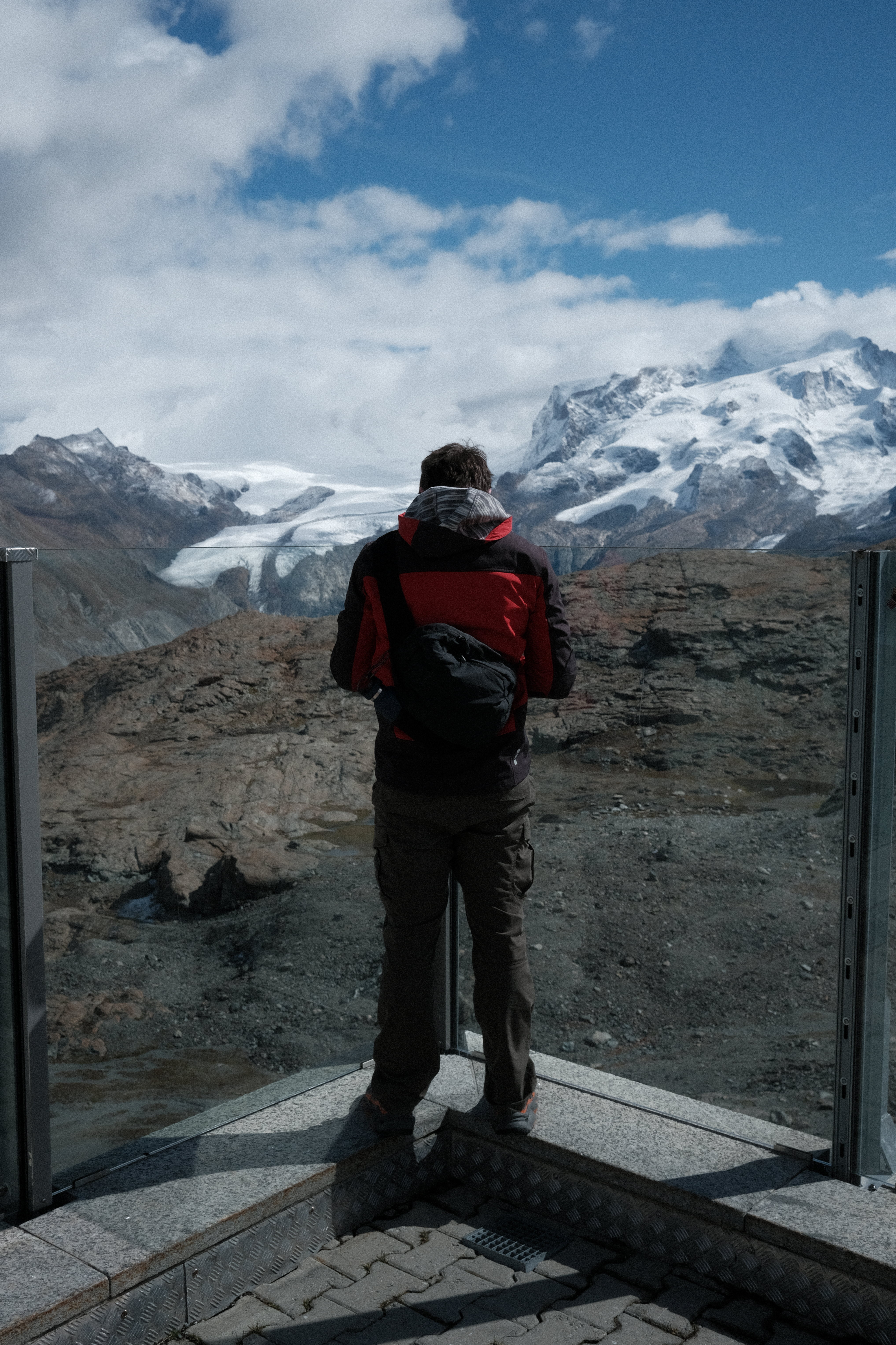 Nick overlooking Grenzgletscher Glacier from Trockener Steg observation balcony