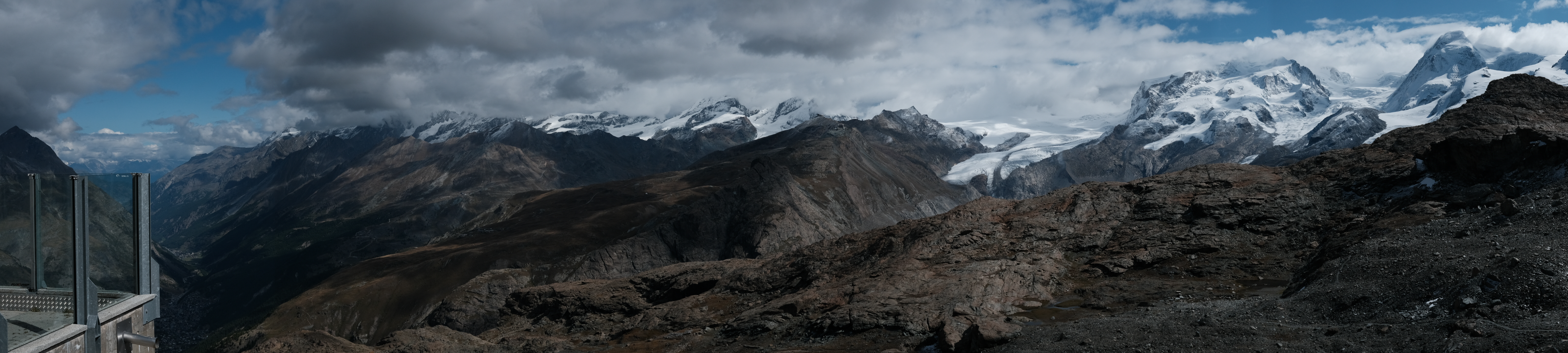 Panorama from the viewing balcony of Trockener Steg looking out over to Gornergrat observatory, Gornergletscher glacier, and Grenzgletscher Glacier