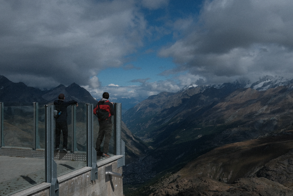 Nick & Tim looking down the valley towards Zermatt from the Trockener Steg observation balcony