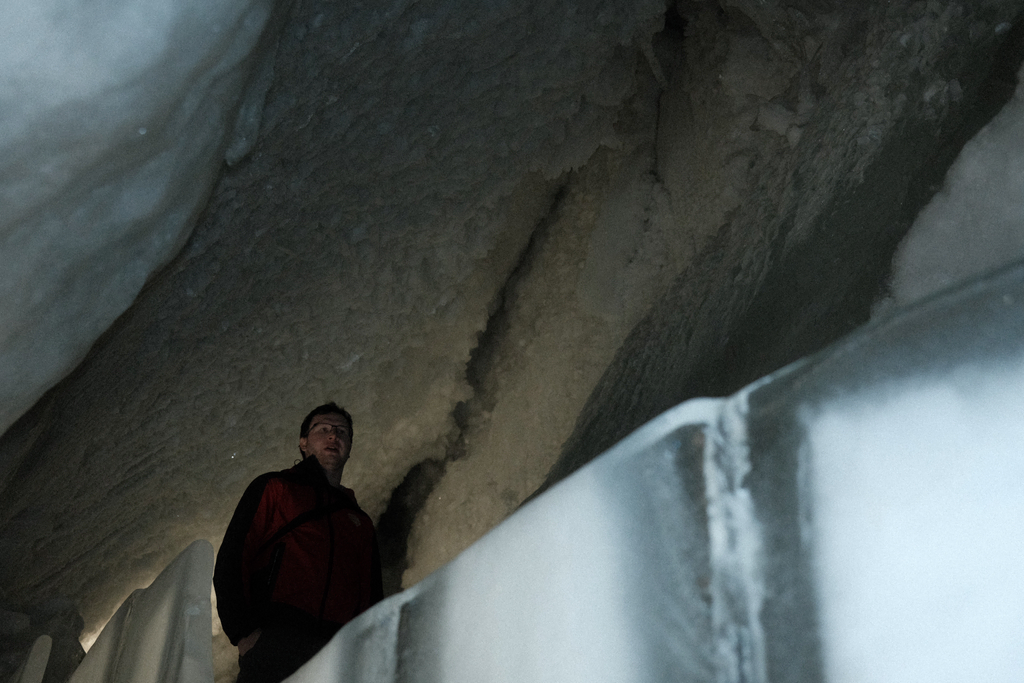 Nick standing in the crevase visible at the Glacier Palace