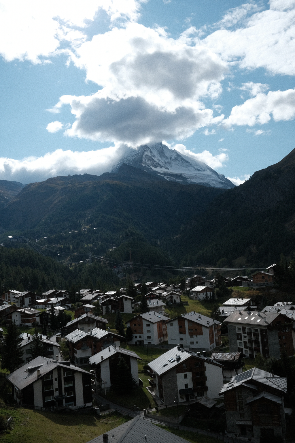 The Matterhorn looming over a neighborhood of Zermatt