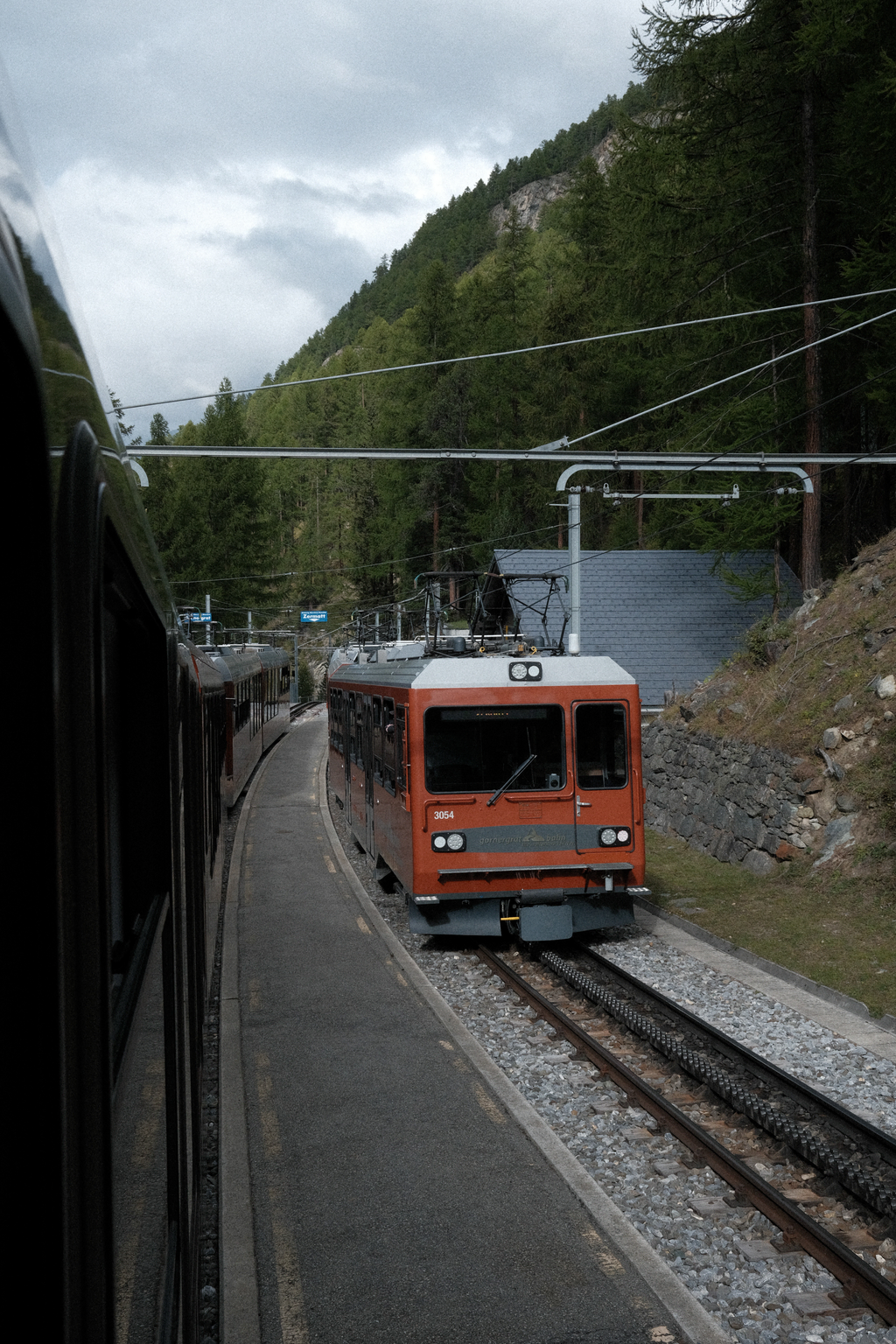 Passing another car headed back down the mountain on the Gornergrat railway