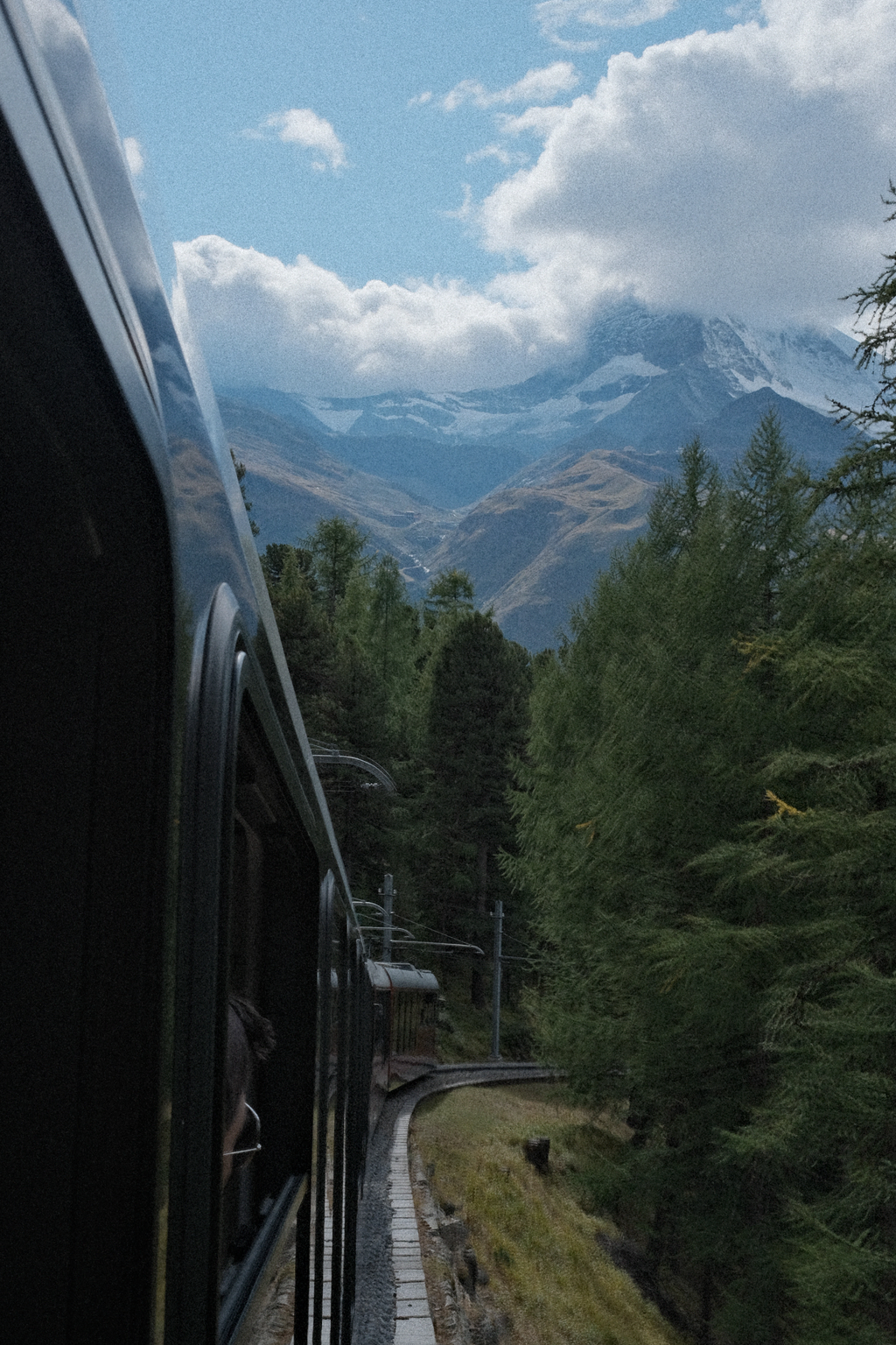 Gornergrat railway passing through a bend in an evergreen forest