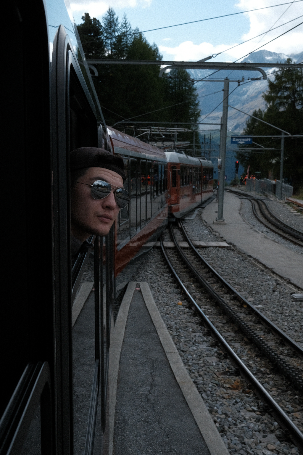 Tim leaning out of the Gornergrat railway