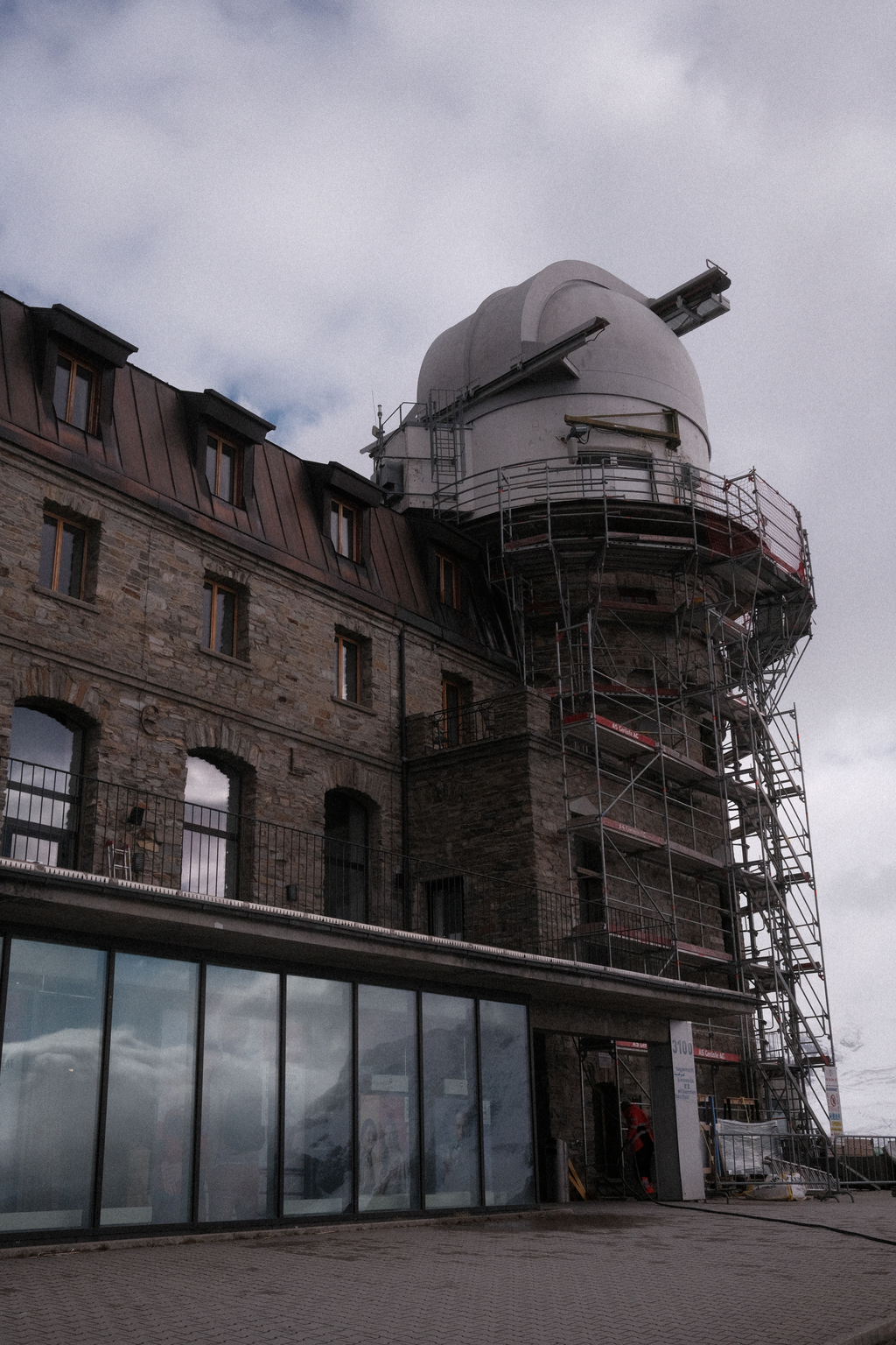 Scaffolding supporting one of the observatory towers of Gornergrat observatory