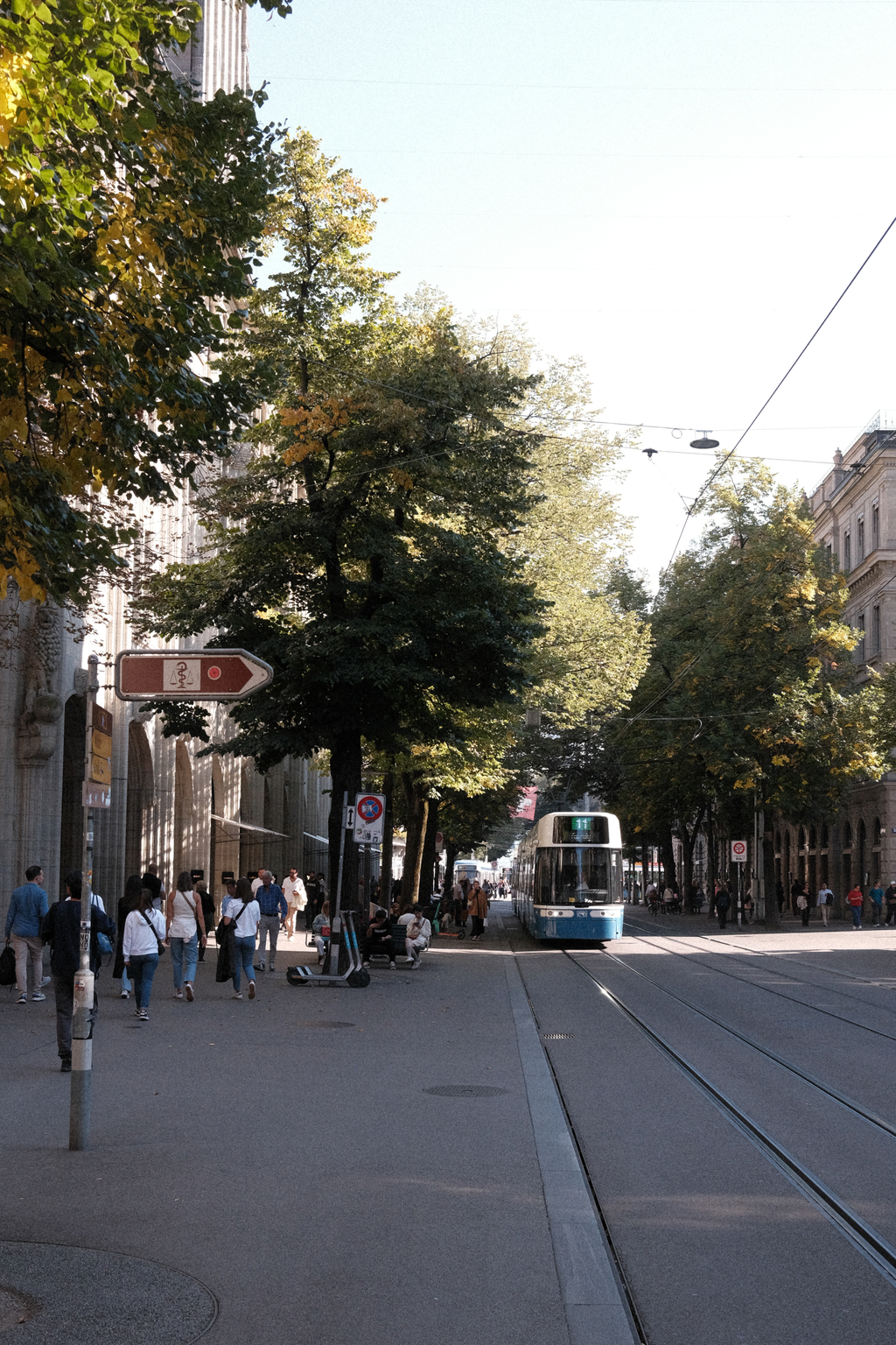 A tram passing through Bahnhofstrasse in Zurich's shopping district