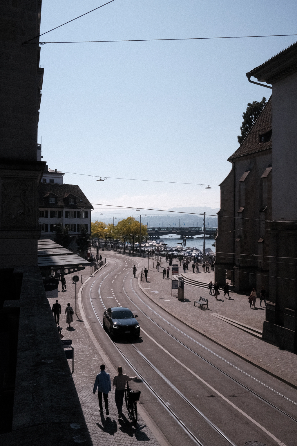 Looking down from Grossmünster towards Quaibrücke bridge