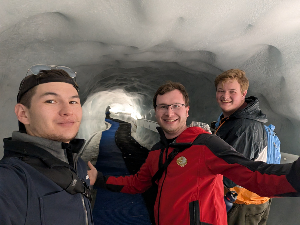 Group selfie in the tunnel leading down to Glacier Palace